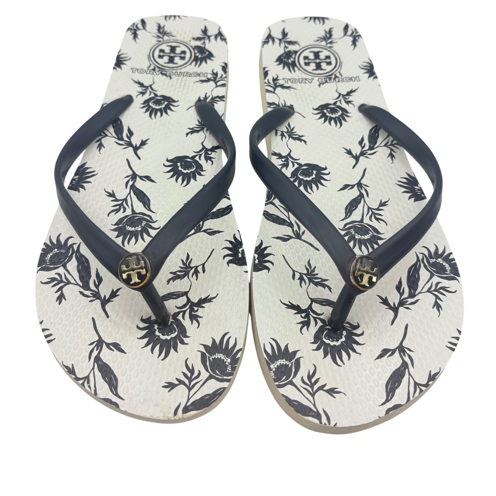 Tory Burch Flip Flops Women Size 9 Navy Blue Floral Logo Sandals Resort Beach‎